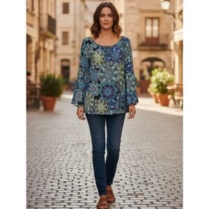 Tacera Boho Blouse Size Large Black/Blue